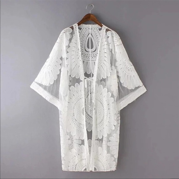 New! White Boho Floral Lace Kimono Beach Coverup - Picture 2 of 13